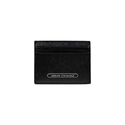 Black textured leather card holder with silver-toned metal plaque for Armani Exchange Men Wallet