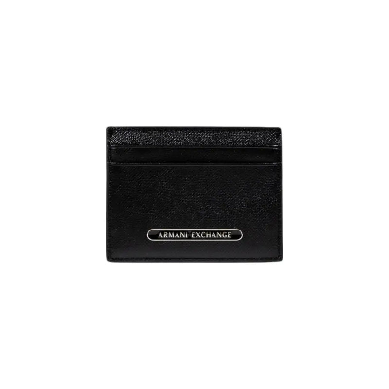 Black textured leather card holder with silver-toned metal plaque for Armani Exchange Men Wallet