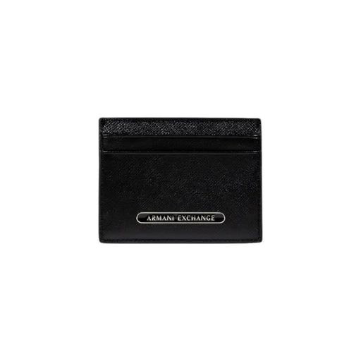 Black textured leather card holder with silver-toned metal plaque for Armani Exchange Men Wallet