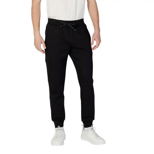 Armani Exchange men black plain laced jogger pants with drawstring waistband and ribbed cuffs