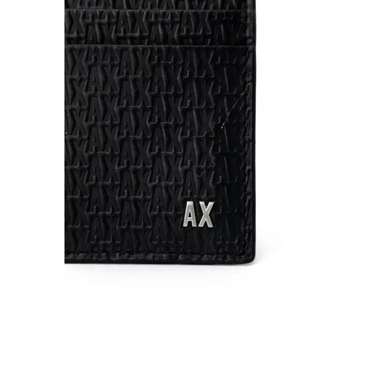 Black textured leather card holder with metallic AX emblem for Armani Exchange wallet