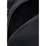 Armani Exchange men black leather polyester backpack with interior lining featuring repeating brand logo pattern