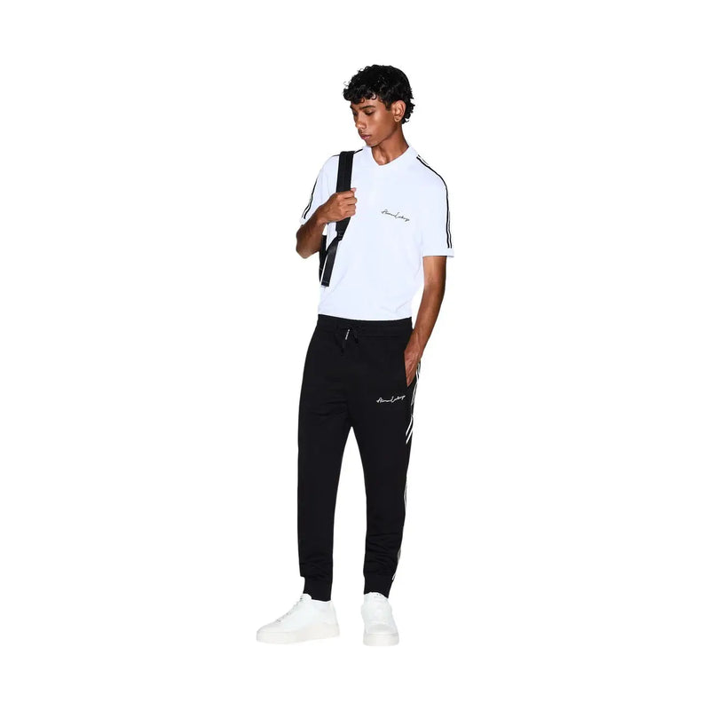 Armani Exchange men black polyester blend jogger pants with white side stripes and embroidered logo on left thigh