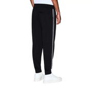 Armani Exchange men black polyester blend joggers with two parallel white stripes on the outer side of each leg