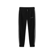 Armani Exchange men black polyester blend trousers with white side stripes and embroidered logo on the thigh