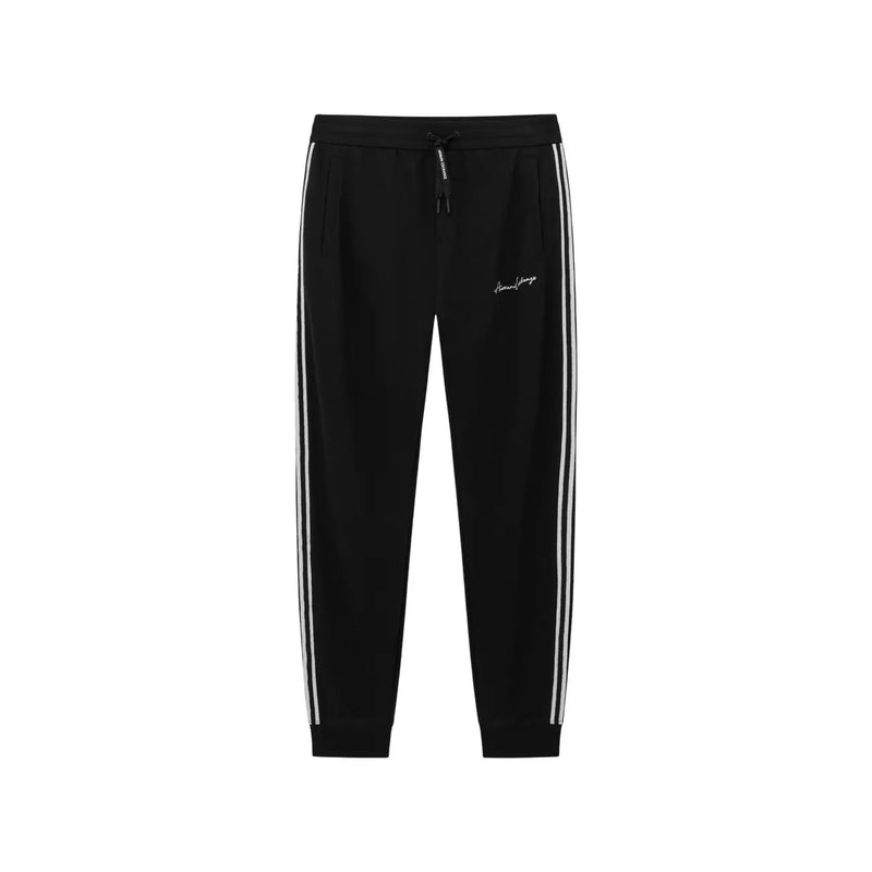 Armani Exchange men black polyester blend trousers with white side stripes and embroidered logo on the thigh