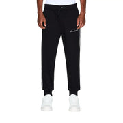 Armani Exchange men black polyester blend joggers with white side stripes and subtle embroidered logo on thigh
