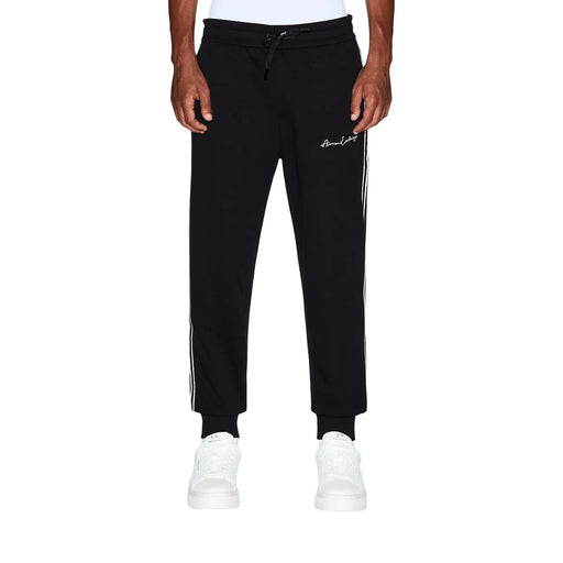 Armani Exchange Pantalon de jogging noir pour homme en polyester mélangé, avec bandes latérales blanches et logo brodé discret sur la cuisse.