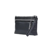 Armani Exchange men black polyester wristlet handbag with textured leather and white stripe across the top