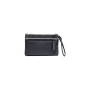 Armani Exchange men black polyester handbag with black leather wristlet and silver-toned zipper and logo trim