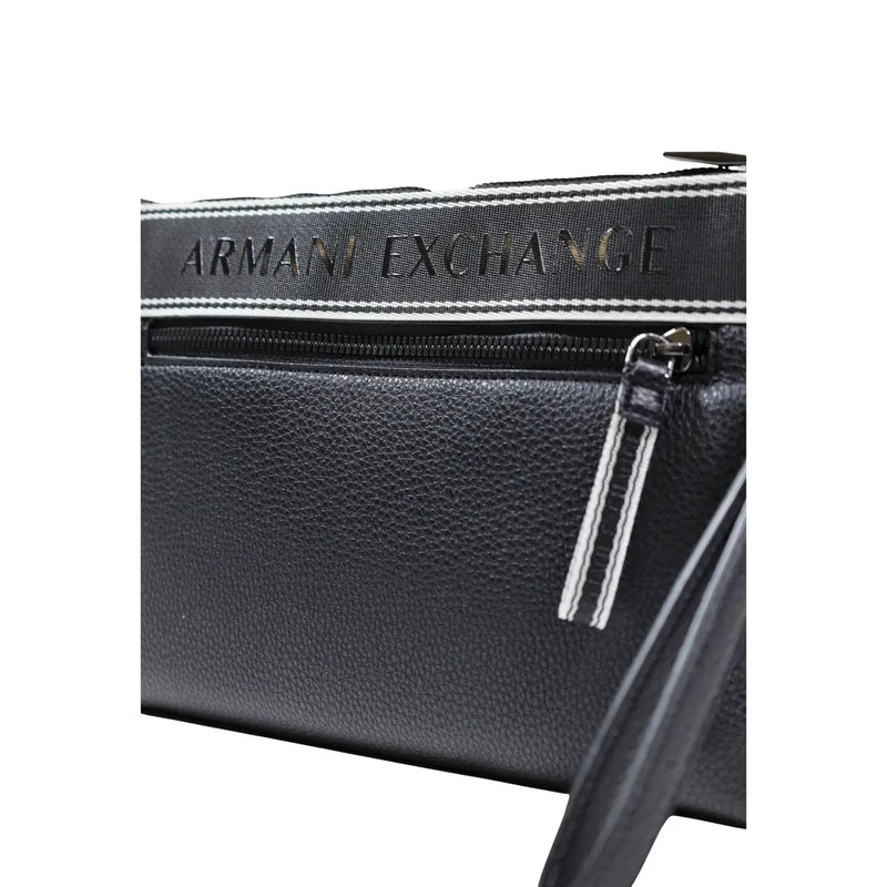 Armani Exchange men black polyester handbag 30x20x4 with textured leather clutch and white-striped zipper pull