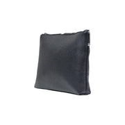 Armani Exchange men black polyester handbag with a black textured leather clutch front and silver zipper closure
