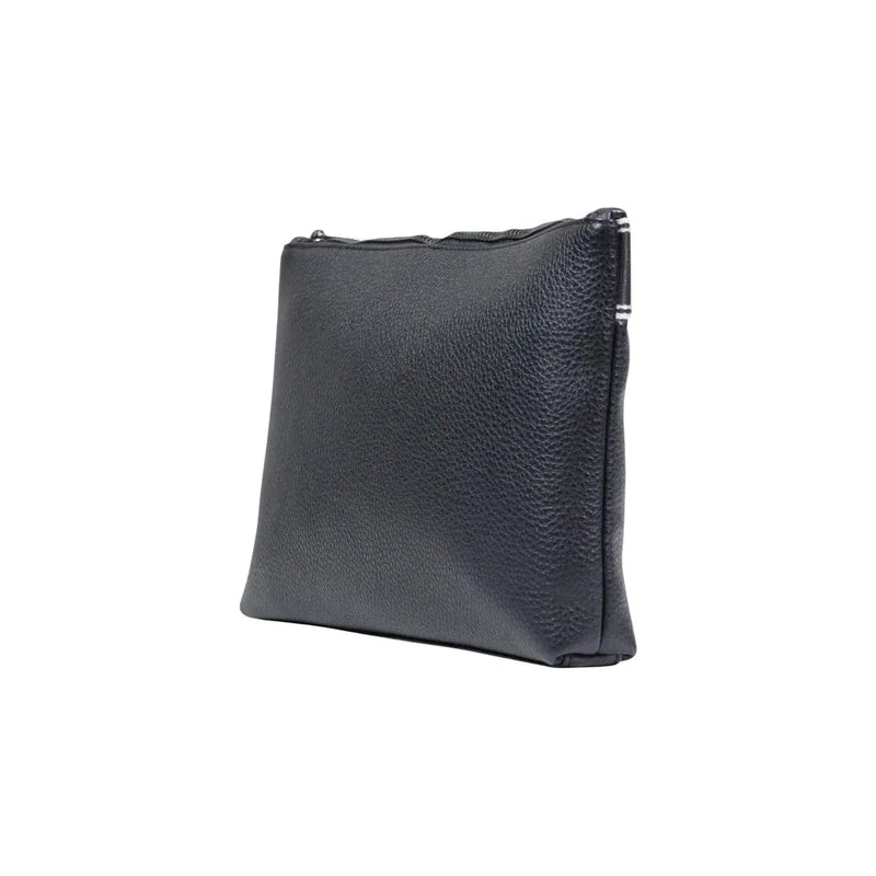 Armani Exchange men black polyester handbag with a black textured leather clutch front and silver zipper closure