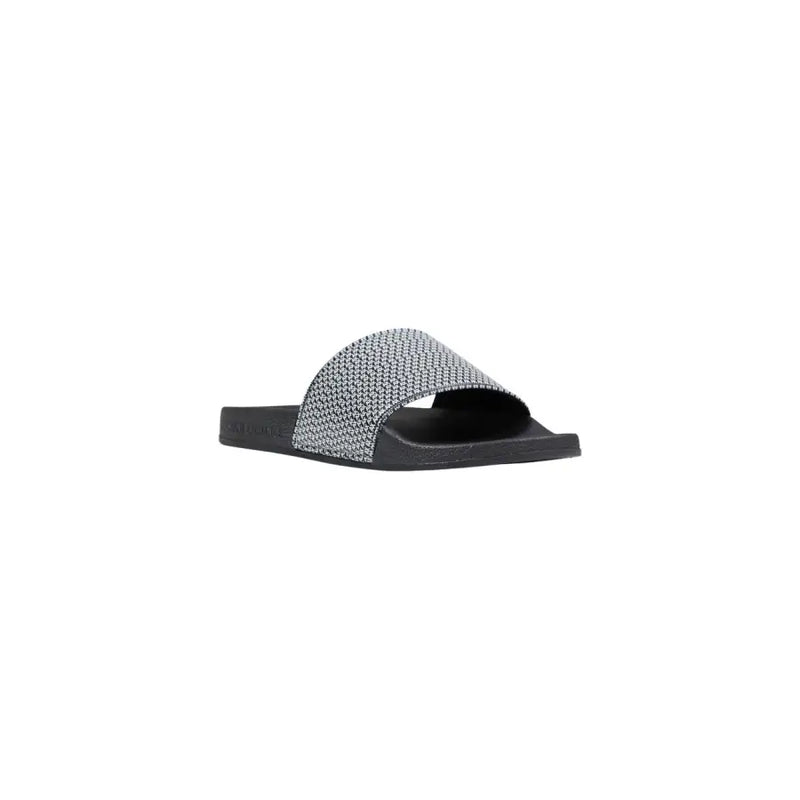 Armani Exchange men black slide sandal with textured silver-toned woven strap made of PVC material