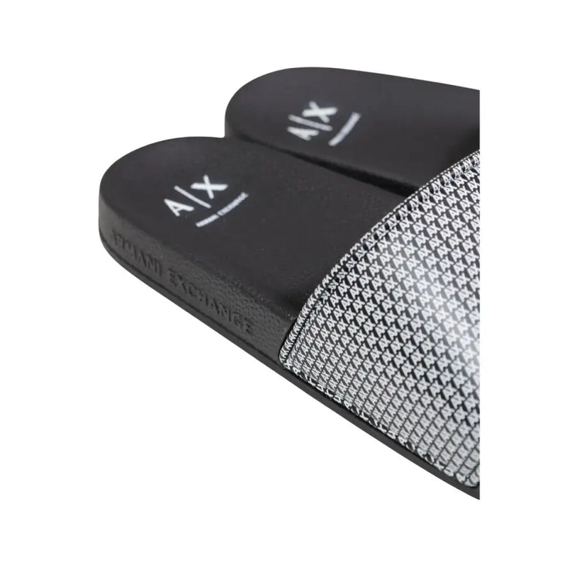Armani Exchange men black and silver patterned slide sandals with mesh design and a|x logo on the sole