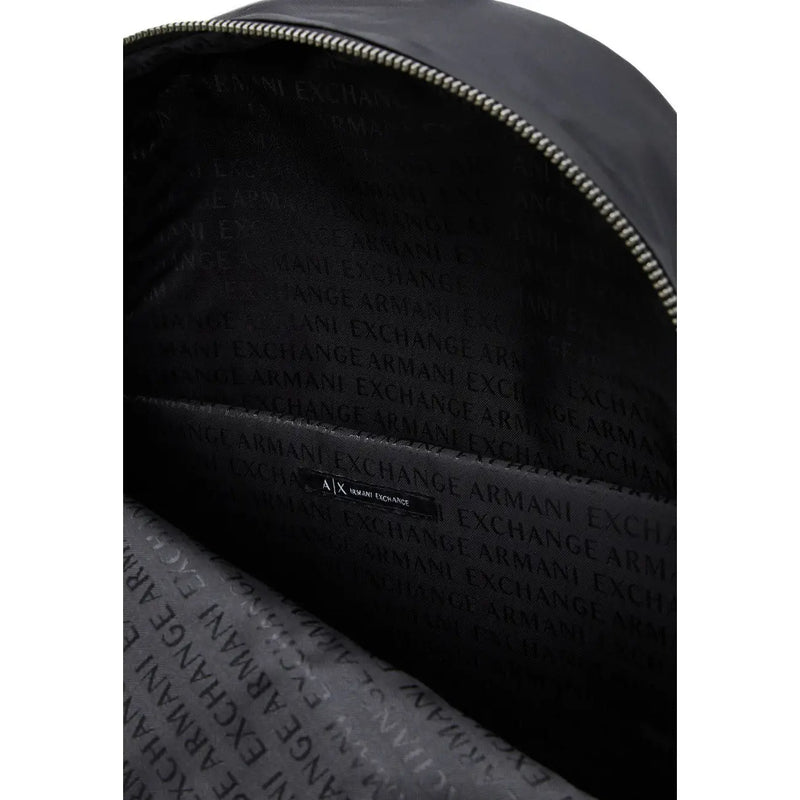 Armani Exchange men black rucksack interior with repeating logo pattern and silver zipper size 31x45x19 centimeters