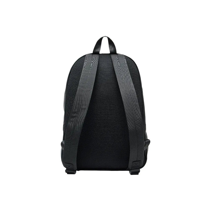 Armani Exchange men black rucksack back view with textured mesh back panel and padded shoulder straps
