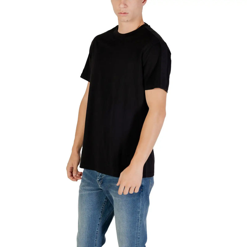 Armani Exchange men black short sleeve round neck cotton t shirt front view with crew neck design
