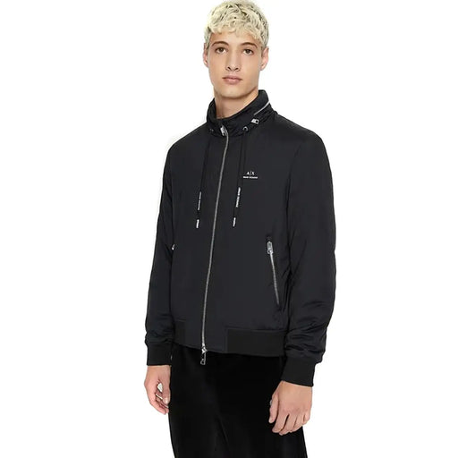 Armani Exchange men black zip-up jacket with silver zippers and subtle white branding on the chest