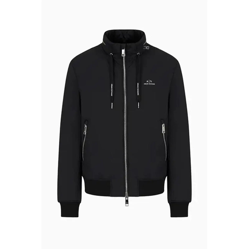 Armani Exchange Schwarze Herren-Zip-Jacke mit silbernen Reißverschlüssen und dezentem Logo auf der Brust im eleganten Blazer-Stil