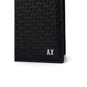 Black textured Armani Exchange men’s wallet with silver AX logo and inside pocket