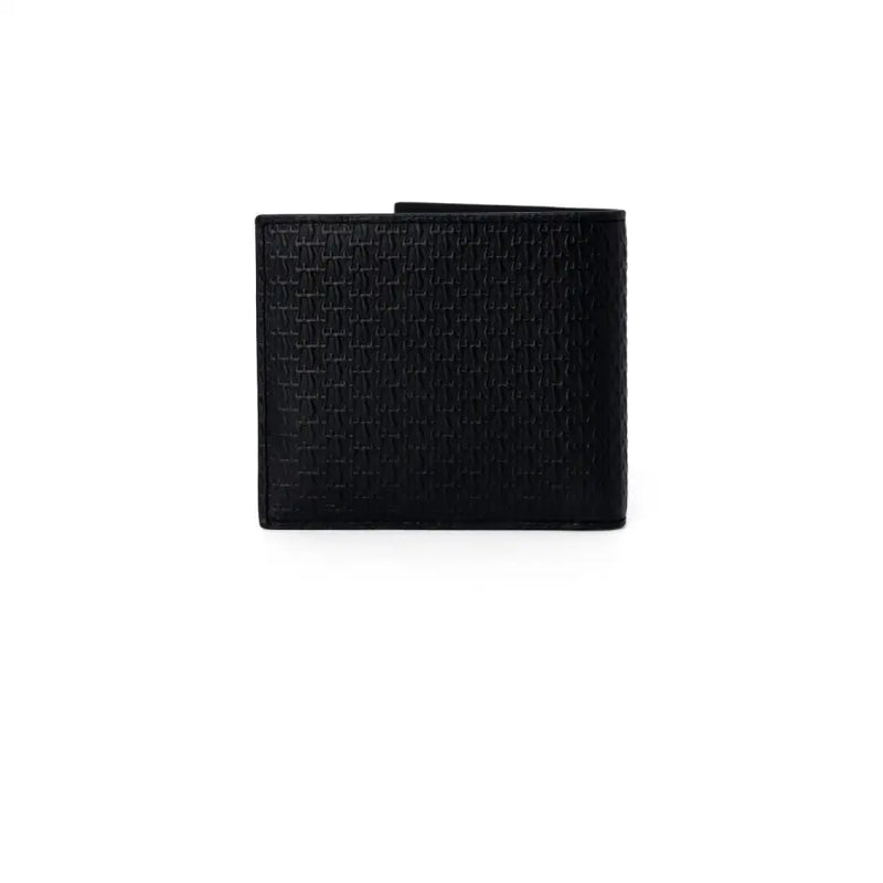 Black leather wallet with woven texture from Armani Exchange for men featuring an inside pocket