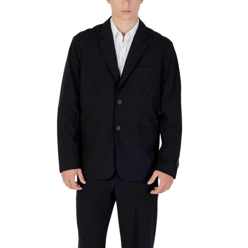 Armani Exchange Schwarzer, langer Herrenblazer aus Wollmischung mit Zweiknopfverschluss und taillierter Passform in dezenter Struktur.
