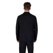 Armani Exchange men black wool blend long blazer showing structured back with subtle seam detailing