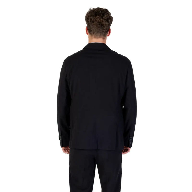 Armani Exchange men black wool blend long blazer showing structured back with subtle seam detailing