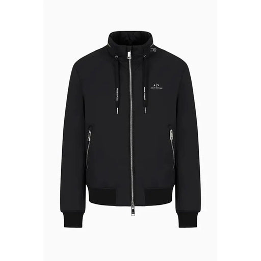 Armani Exchange men black polyamide zip blazer with silver zippers and subtle chest logo for stylish outerwear