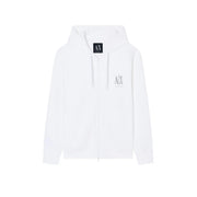 Blanc armani exchange sweat à capuche zippé en coton avec logo brodé argenté et étiquette noire de la marque sur le col
