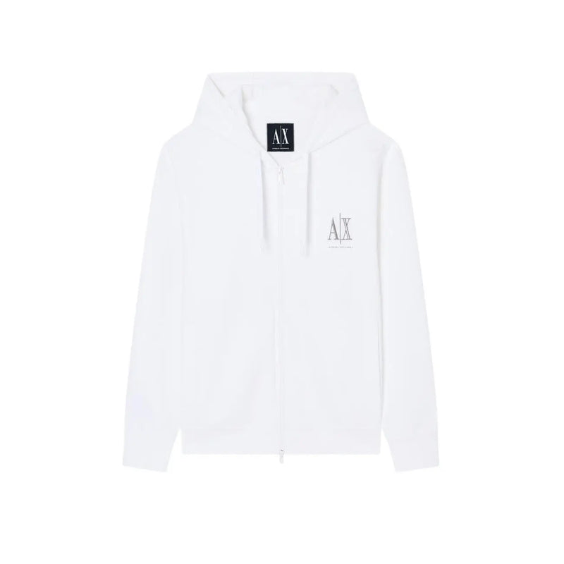 Blanc armani exchange sweat à capuche zippé en coton avec logo brodé argenté et étiquette noire de la marque sur le col