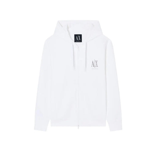 White armani exchange zip-up cotton hoodie with silver logo embroidery and black brand tag at the collar