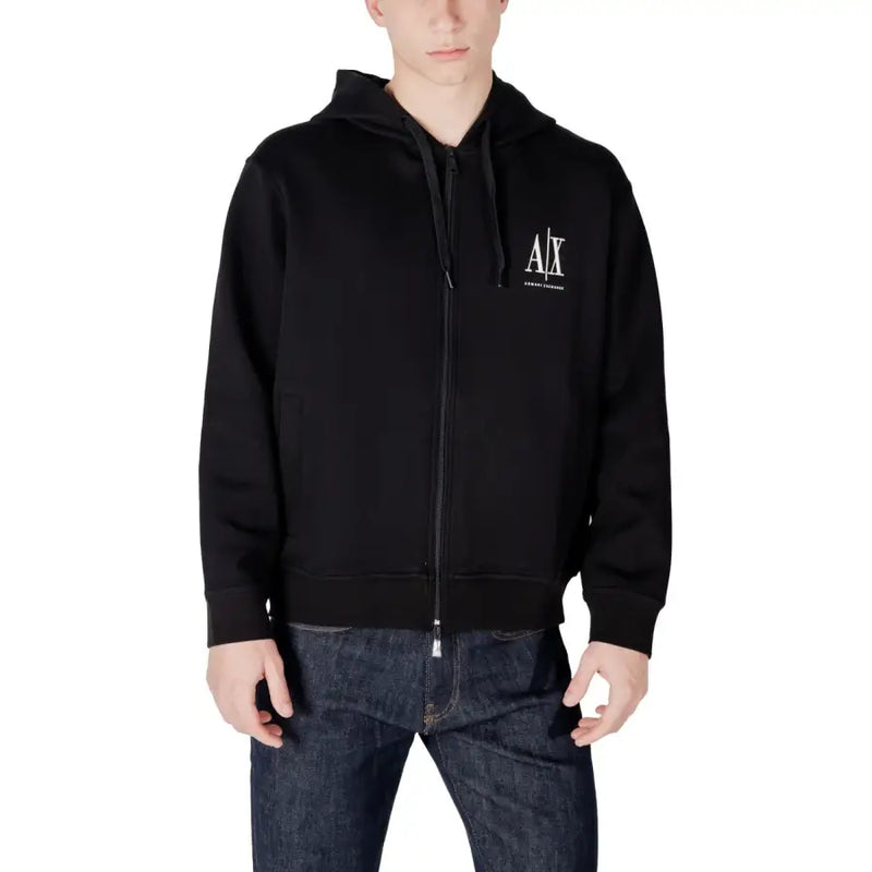 Armani Exchange Schwarzer Herren-Hoodie aus Baumwolle mit Reißverschluss und weißem, gesticktem Logo auf der Brust für die Freizeit.