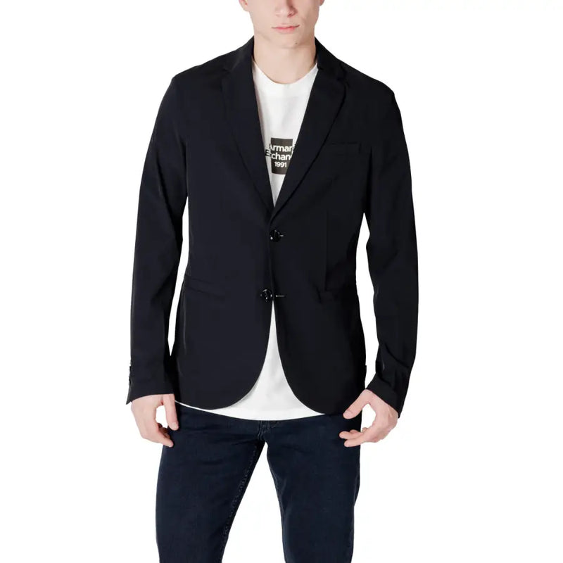 Black Armani Exchange men blazer with two-button closure and notched lapels, ideal for formal occasions
