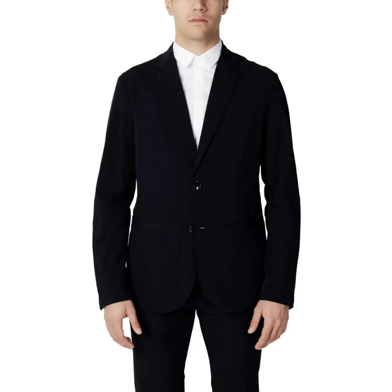Black Armani Exchange men blazer with sleek tailored fit and two-button single-breasted closure