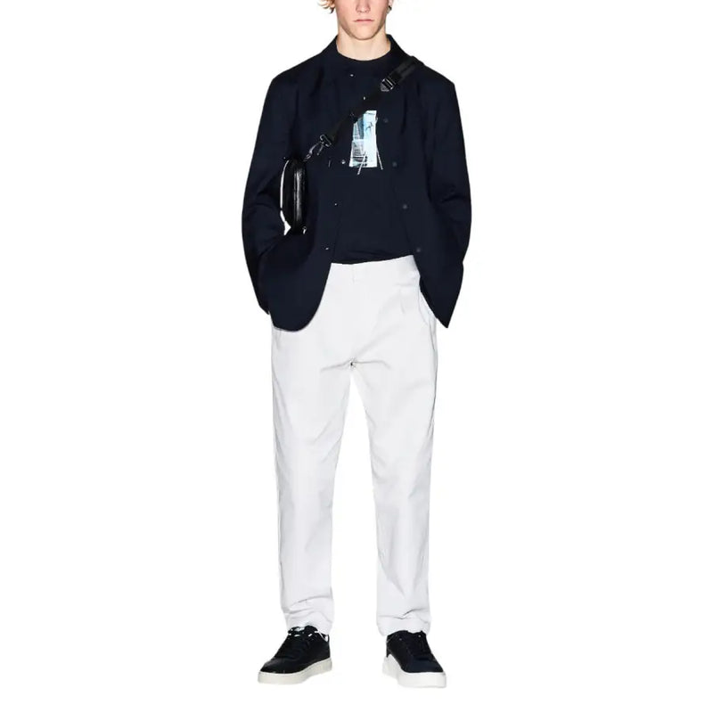 Black leather crossbody bag with sleek minimalist design and subtle branding from Armani Exchange men blazer collection
