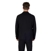 Armani Exchange men blazer showing the back side of a black tailored suit jacket with structured back and seam detailing