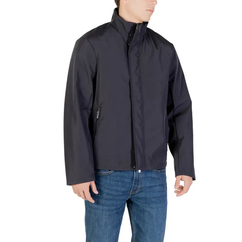 Armani Exchange men blazer black zip-up jacket with high collar and subtle side pockets in premium fabric