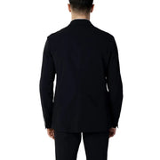 Black tailored Armani Exchange men blazer with a crisp white collar and subtle buttoned cuffs