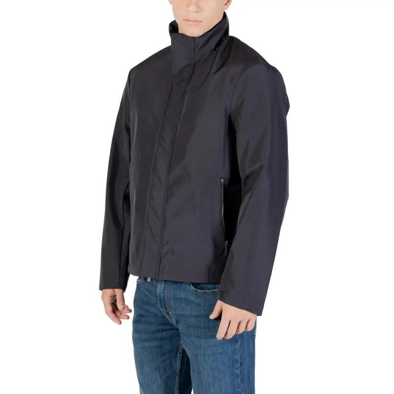 Armani Exchange men blazer black high-collar jacket with sleek modern design and subtle zipper details