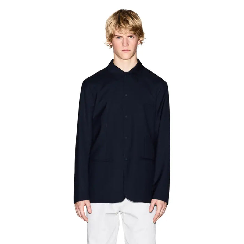 Navy blue Armani Exchange men blazer with stand collar and two front pockets in button-up shirt style