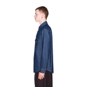 Armani Exchange men blue cotton shirt with dark blue denim fabric featuring a classic collar and chest pocket