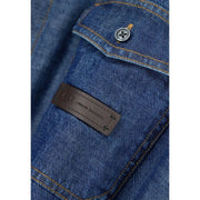 Armani Exchange men blue cotton shirt with silver button and brown leather jax armani exchange patch