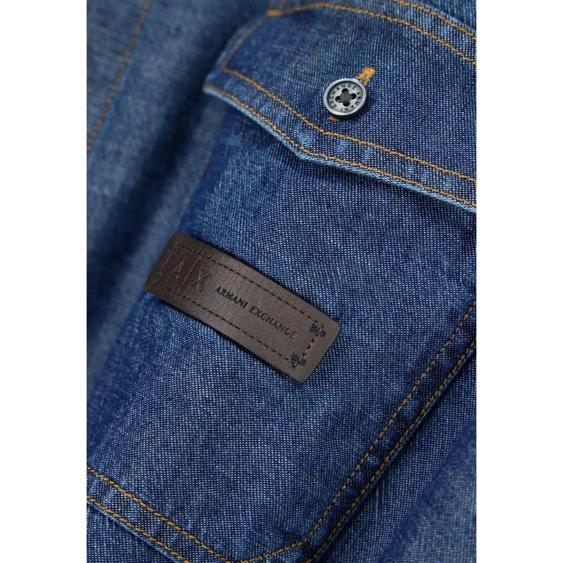 Armani Exchange men blue cotton shirt with silver button and brown leather jax armani exchange patch
