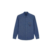Armani Exchange men blue cotton classic long denim shirt with textured weave and chest pocket leather patch