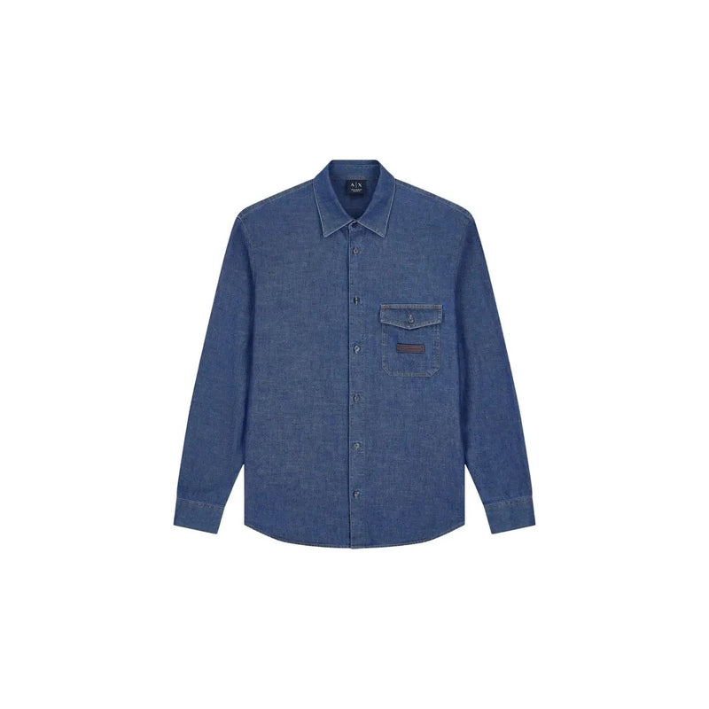 Armani Exchange men blue cotton classic long denim shirt with textured weave and chest pocket leather patch