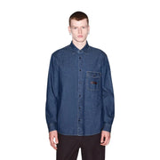 Armani Exchange men blue cotton denim shirt with chest pocket and small brown label classic long sleeve design