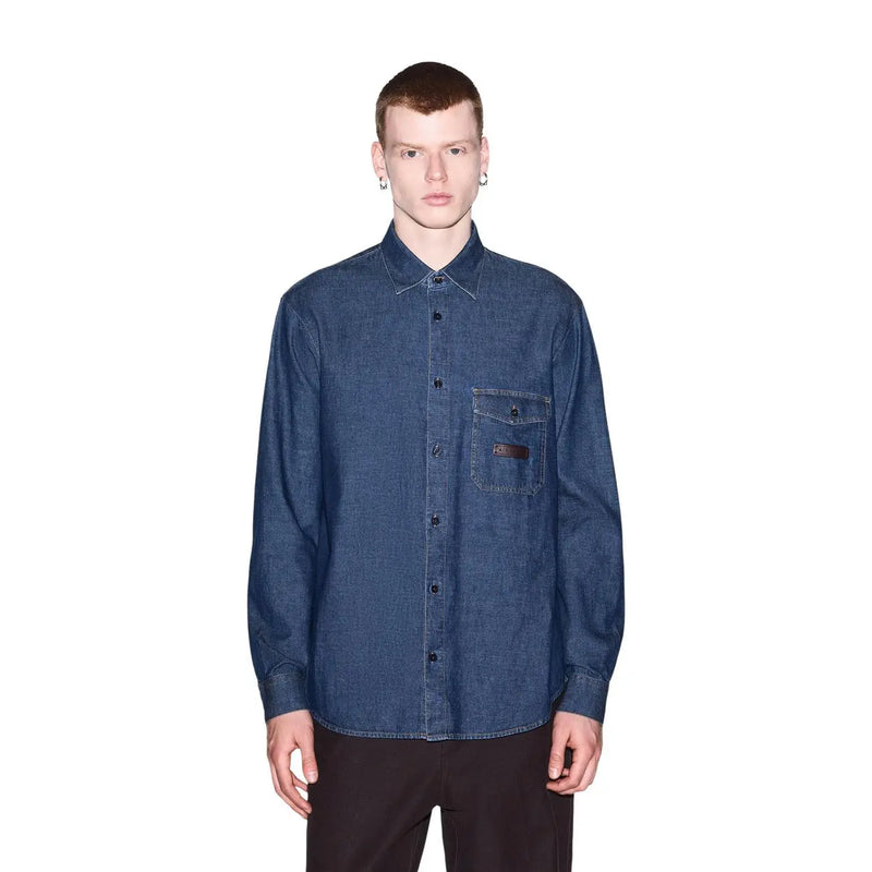 Armani Exchange men blue cotton denim shirt with chest pocket and small brown label classic long sleeve design