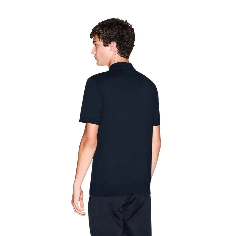 Armani Exchange men blue cotton short sleeve polo shirt with dark navy ribbed collar and cuffs